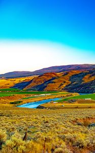 Preview wallpaper hills, mountains, river, landscape, valley