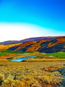 Preview wallpaper hills, mountains, river, landscape, valley