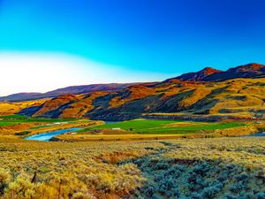 Preview wallpaper hills, mountains, river, landscape, valley