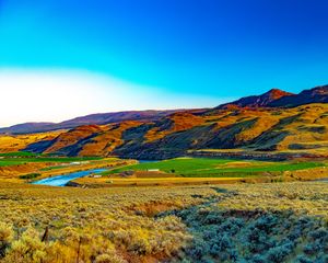 Preview wallpaper hills, mountains, river, landscape, valley