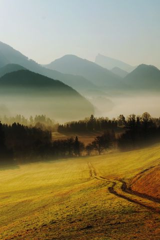 320x480 Wallpaper hills, mountains, road, country, morning, fog, relief