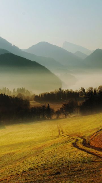 360x640 Wallpaper hills, mountains, road, country, morning, fog, relief