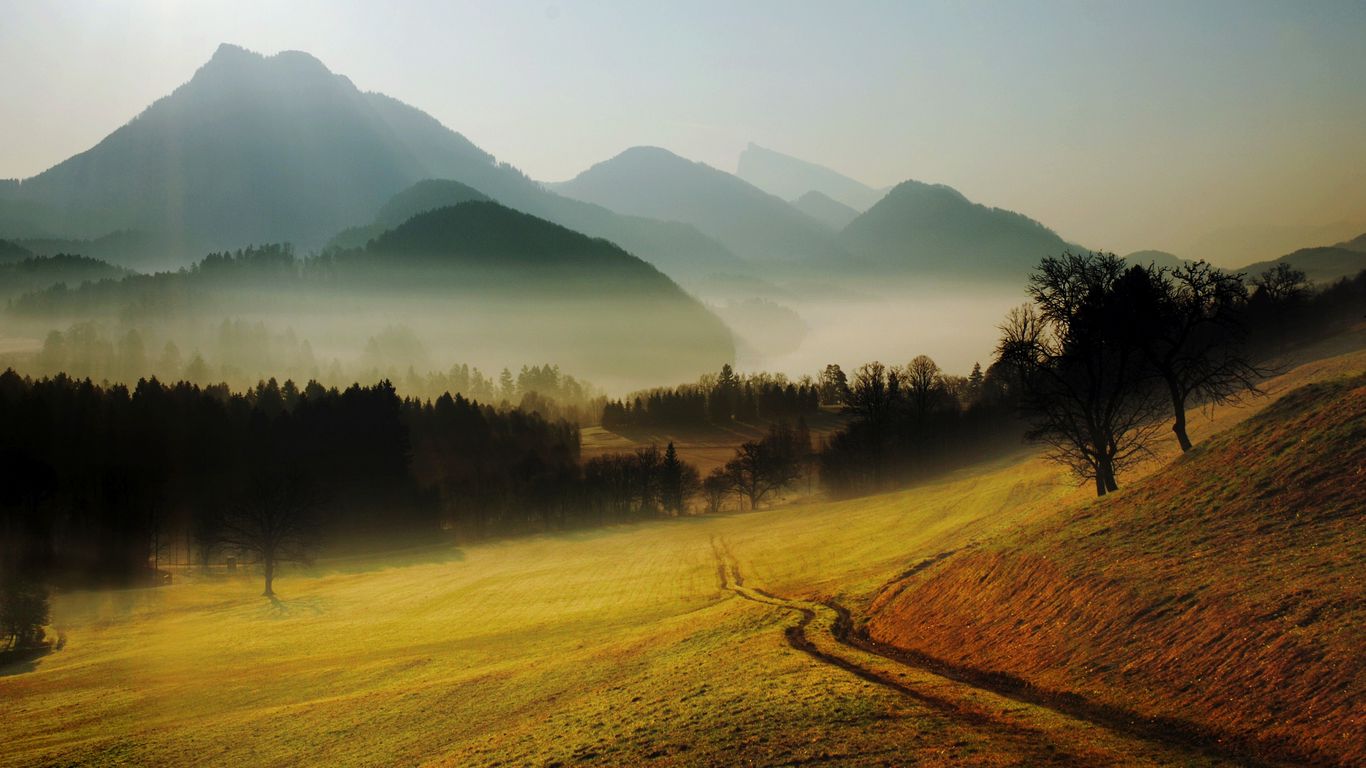 1366x768 Wallpaper hills, mountains, road, country, morning, fog, relief