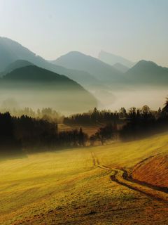 240x320 Wallpaper hills, mountains, road, country, morning, fog, relief