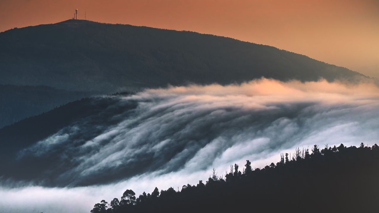 Wallpaper hills, mountains, trees, clouds, landscape, sunset