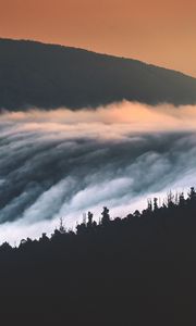 Preview wallpaper hills, mountains, trees, clouds, landscape, sunset