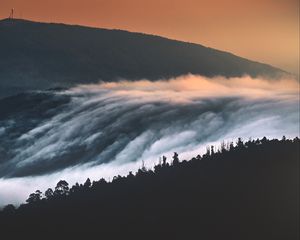 Preview wallpaper hills, mountains, trees, clouds, landscape, sunset