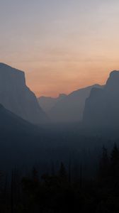 Preview wallpaper hills, peaks, fog, forest, sunset