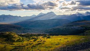 Preview wallpaper hills, relief, rays, sun, landscape, nature