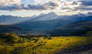 Preview wallpaper hills, relief, rays, sun, landscape, nature