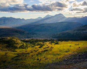 Preview wallpaper hills, relief, rays, sun, landscape, nature