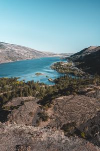 Preview wallpaper hills, river, aerial view, coast, nature