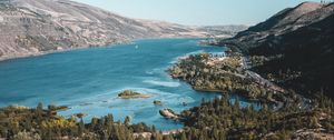 Preview wallpaper hills, river, aerial view, coast, nature