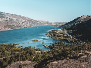 Preview wallpaper hills, river, aerial view, coast, nature