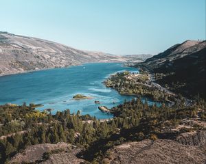 Preview wallpaper hills, river, aerial view, coast, nature