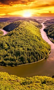 Preview wallpaper hills, river, forest, trees, landscape, nature