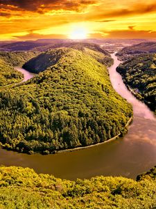 Preview wallpaper hills, river, forest, trees, landscape, nature