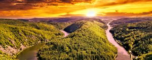 Preview wallpaper hills, river, forest, trees, landscape, nature