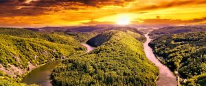 Preview wallpaper hills, river, forest, trees, landscape, nature