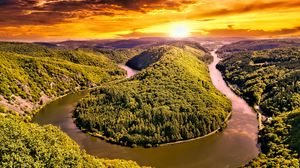 Preview wallpaper hills, river, forest, trees, landscape, nature