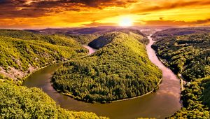 Preview wallpaper hills, river, forest, trees, landscape, nature