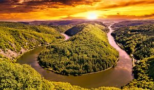 Preview wallpaper hills, river, forest, trees, landscape, nature