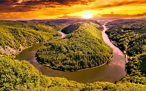 Preview wallpaper hills, river, forest, trees, landscape, nature