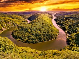 Preview wallpaper hills, river, forest, trees, landscape, nature