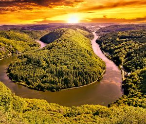 Preview wallpaper hills, river, forest, trees, landscape, nature