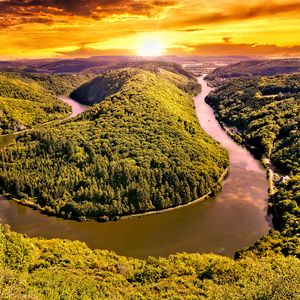 Preview wallpaper hills, river, forest, trees, landscape, nature