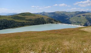 Preview wallpaper hills, river, mountains, landscape, nature