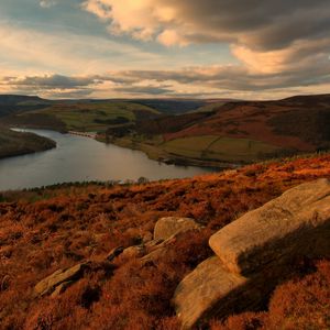 Preview wallpaper hills, river, rocks, sky, clouds, autumn