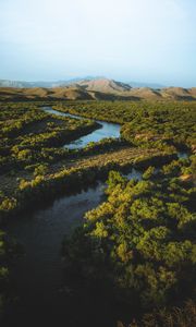 Preview wallpaper hills, river, trees, plants, distance