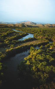 Preview wallpaper hills, river, trees, plants, distance