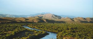 Preview wallpaper hills, river, trees, plants, distance