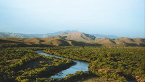 Preview wallpaper hills, river, trees, plants, distance