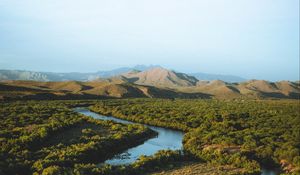 Preview wallpaper hills, river, trees, plants, distance