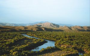 Preview wallpaper hills, river, trees, plants, distance