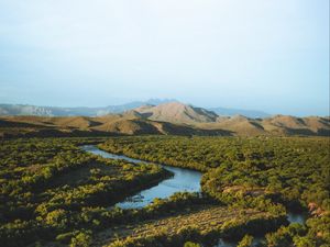 Preview wallpaper hills, river, trees, plants, distance