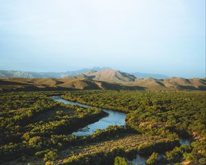 Preview wallpaper hills, river, trees, plants, distance