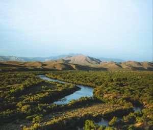 Preview wallpaper hills, river, trees, plants, distance