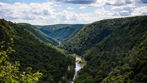 Preview wallpaper hills, river, valley, trees, bushes