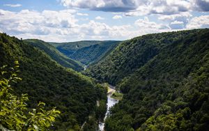 Preview wallpaper hills, river, valley, trees, bushes