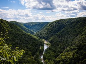 Preview wallpaper hills, river, valley, trees, bushes