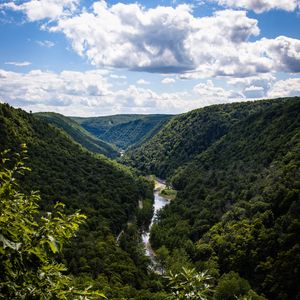 Preview wallpaper hills, river, valley, trees, bushes