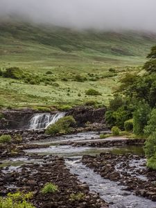 Preview wallpaper hills, river, water, fog, nature, landscape