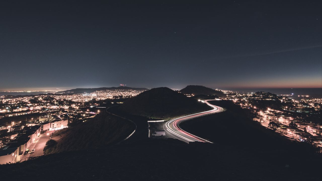Wallpaper hills, road, freezelight, night, lights