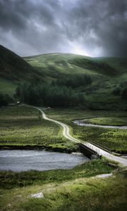 Preview wallpaper hills, road, grass, trees, nature