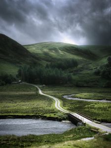 Preview wallpaper hills, road, grass, trees, nature