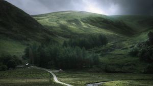 Preview wallpaper hills, road, grass, trees, nature